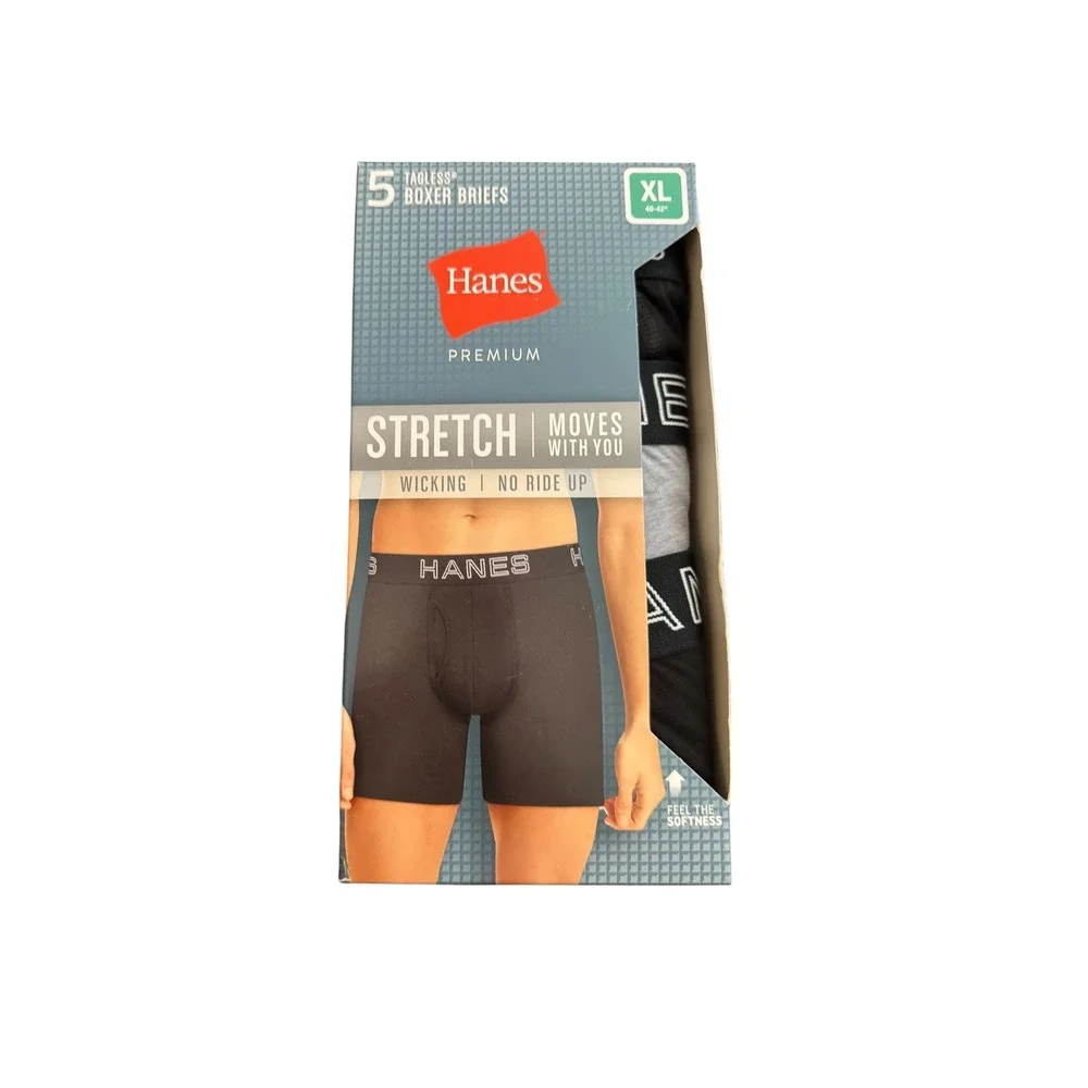 Hanes Premium Mens 5 Pack Tagless Stretch Boxer Briefs XL 40-42 Black Gray